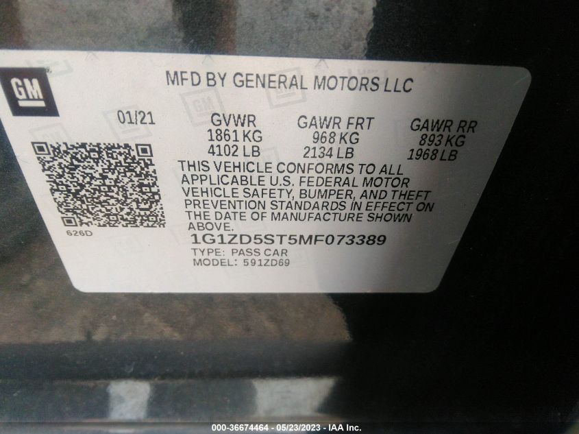 2021 CHEVROLET MALIBU LT - 1G1ZD5ST5MF073389