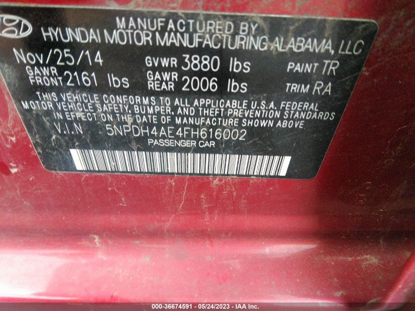 2015 HYUNDAI ELANTRA SE - 5NPDH4AE4FH616002