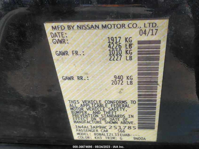 2017 NISSAN ALTIMA 2.5 SV - 1N4AL3AP9HC251785