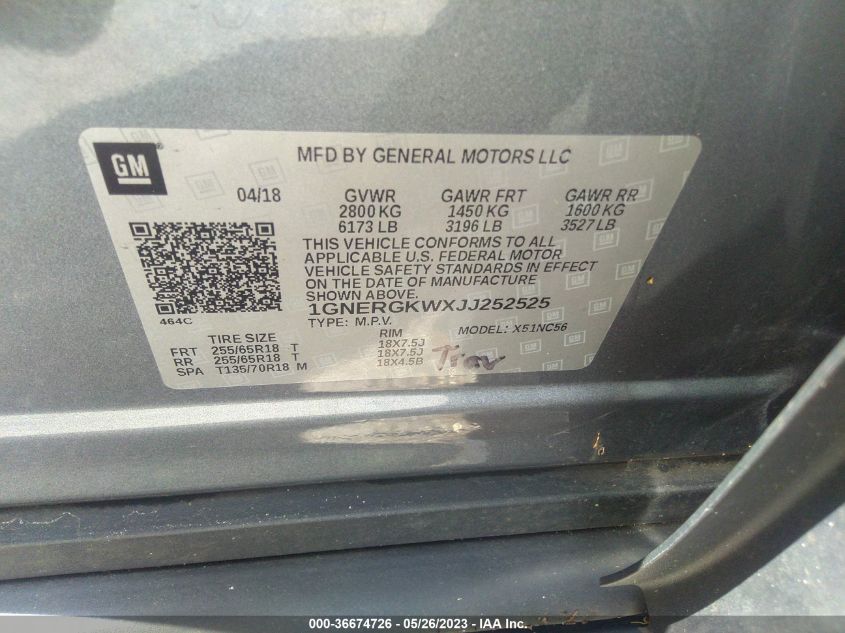 2018 CHEVROLET TRAVERSE LT CLOTH - 1GNERGKWXJJ252525