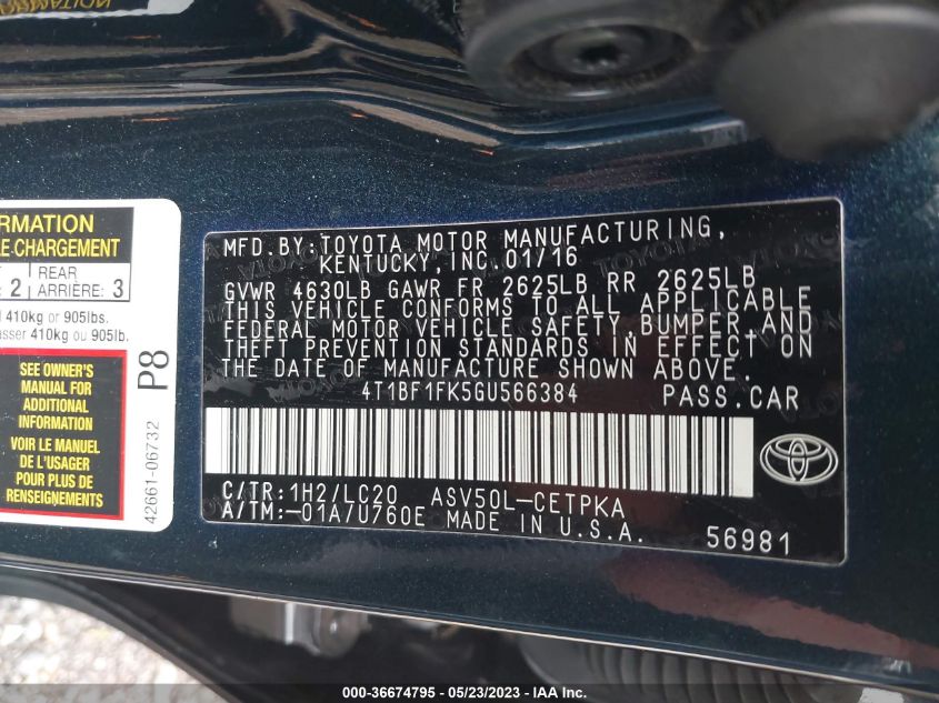 2016 TOYOTA CAMRY XSE - 4T1BF1FK5GU566384