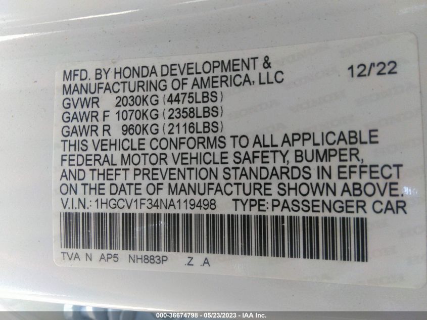 2022 HONDA ACCORD SEDAN SPORT - 1HGCV1F34NA119498