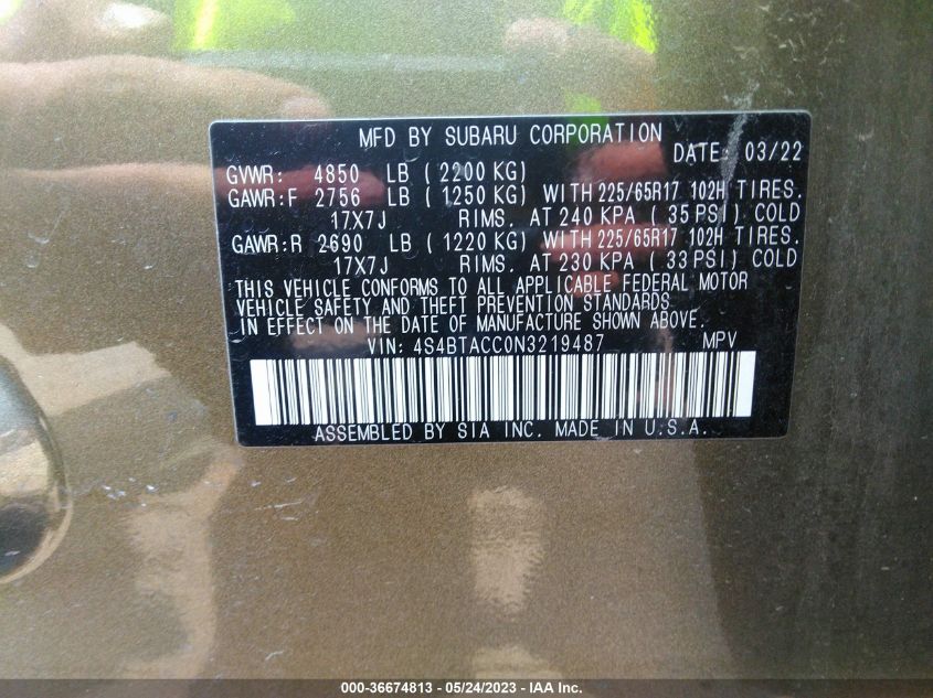 2022 SUBARU OUTBACK PREMIUM - 4S4BTACC0N3219487
