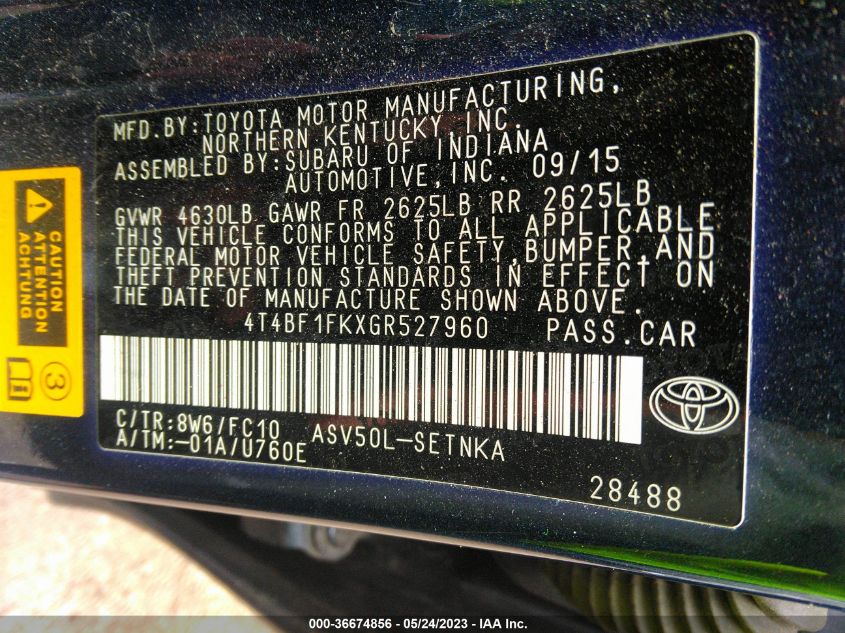 2016 TOYOTA CAMRY XLE/SE/LE/XSE - 4T4BF1FKXGR527960