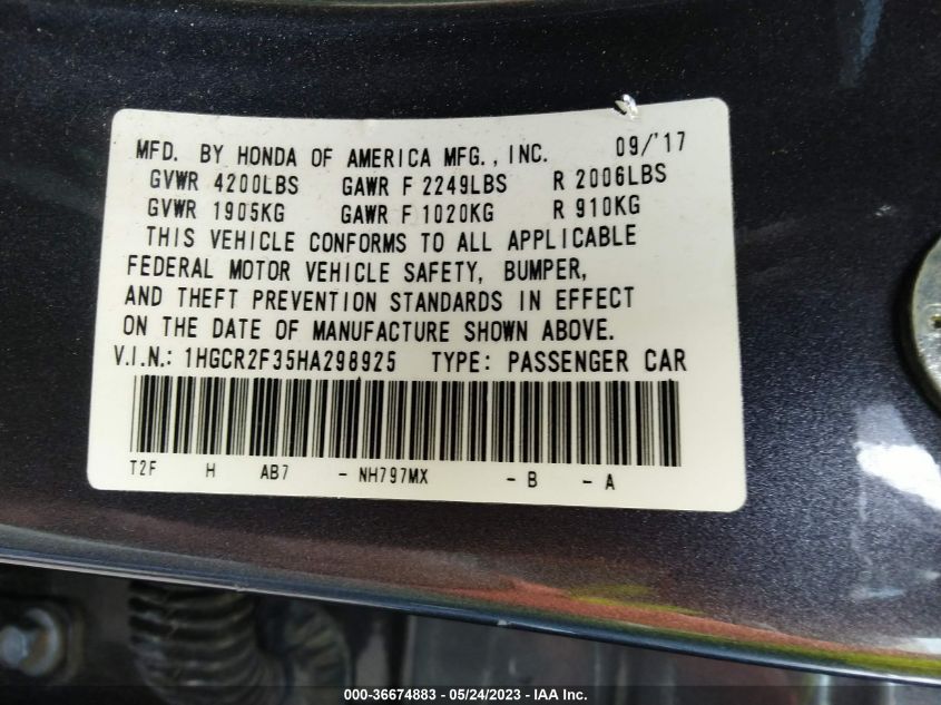 2017 HONDA ACCORD SEDAN LX - 1HGCR2F35HA298925