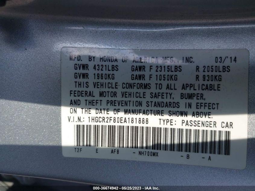 2014 HONDA ACCORD SEDAN EX-L - 1HGCR2F80EA181888