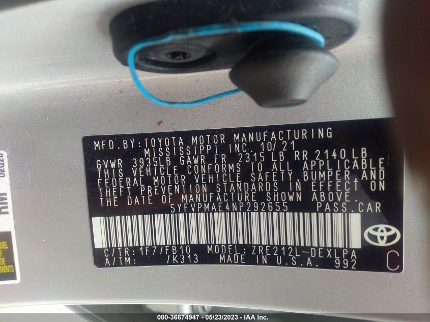 2022 TOYOTA COROLLA LE - 5YFVPMAE4NP292655