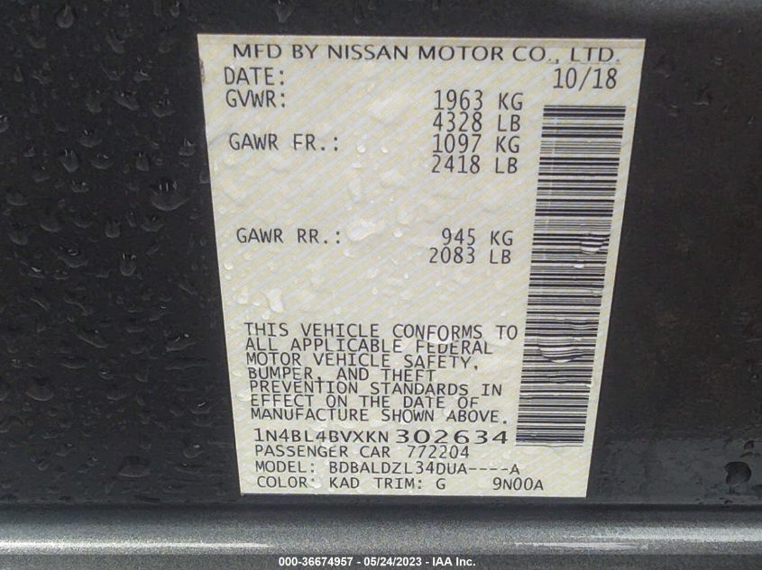 2019 NISSAN ALTIMA 2.5 S - 1N4BL4BVXKN302634