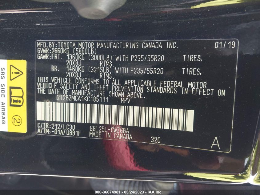 2019 LEXUS RX RX 350 - 2T2BZMCA1KC185111