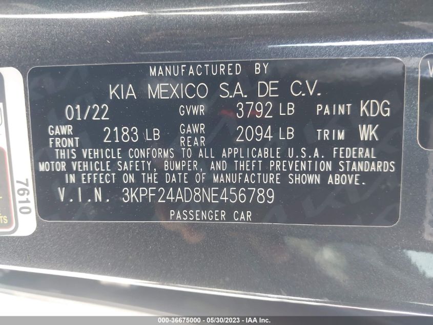 2022 KIA FORTE LXS - 3KPF24AD8NE456789