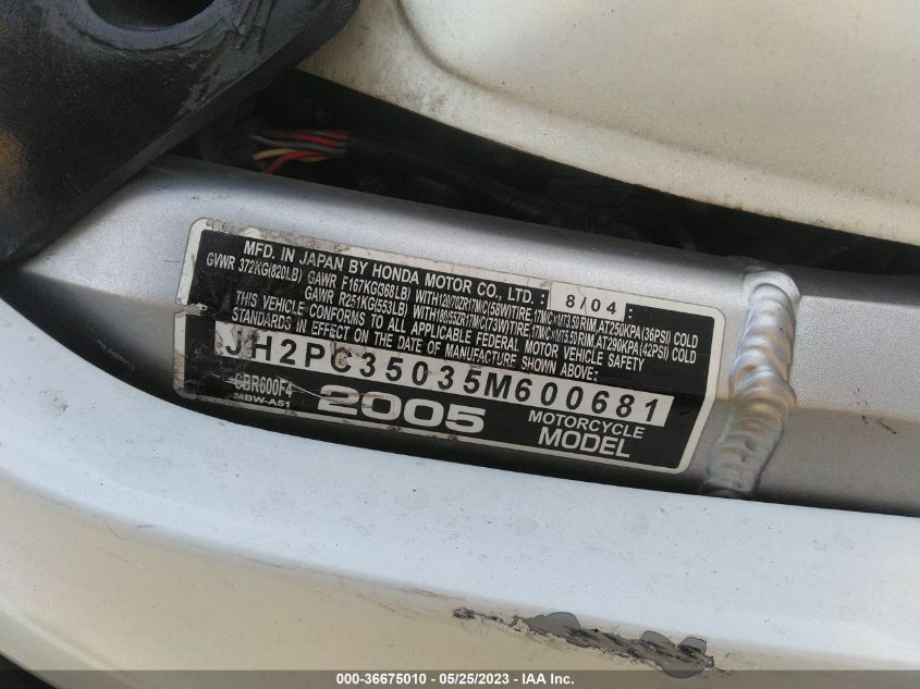 2005 HONDA CBR600 F4 - JH2PC35035M600681