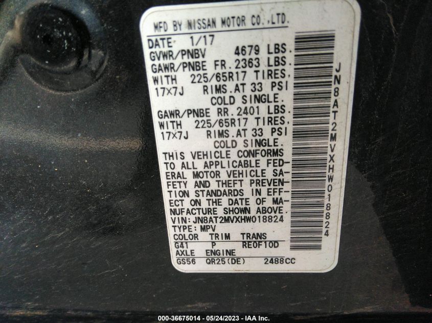 2017 NISSAN ROGUE SV - JN8AT2MVXHW018824