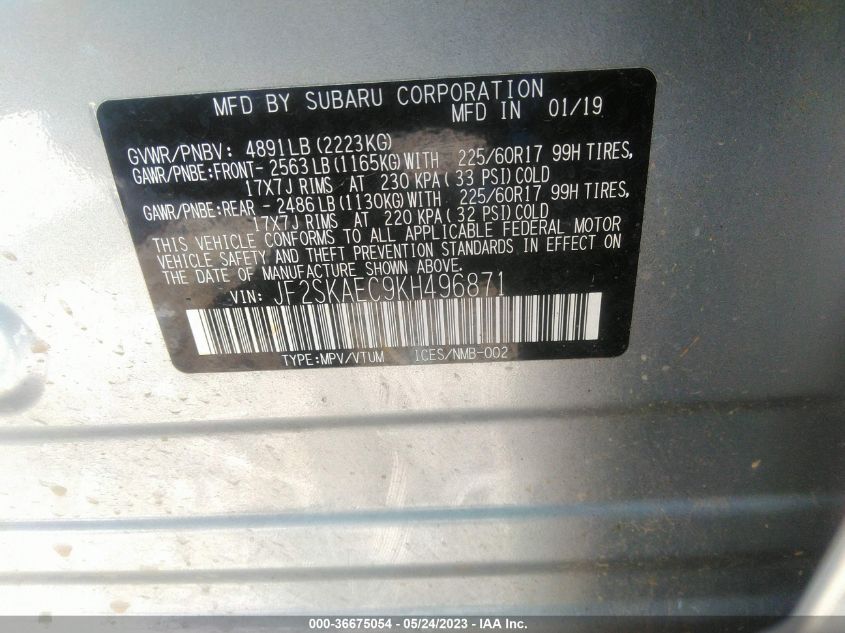 2019 SUBARU FORESTER PREMIUM - JF2SKAEC9KH496871