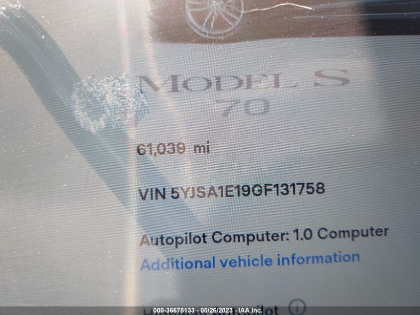 2016 TESLA MODEL S 70 KWH - 5YJSA1E19GF131758