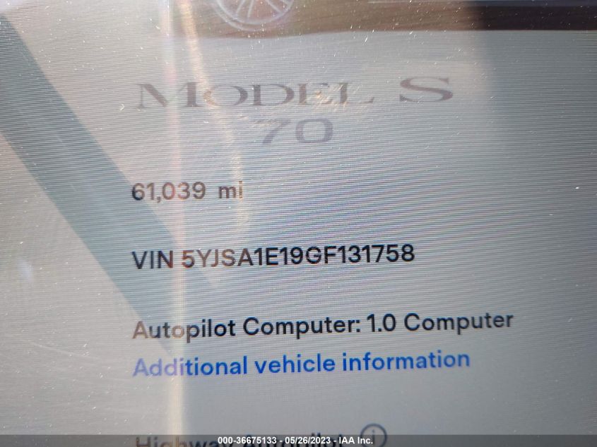 2016 TESLA MODEL S 70 KWH - 5YJSA1E19GF131758
