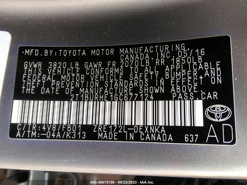 2016 TOYOTA COROLLA L/LE/S/S PLUS/LE PLUS - 2T1BURHE1GC677124
