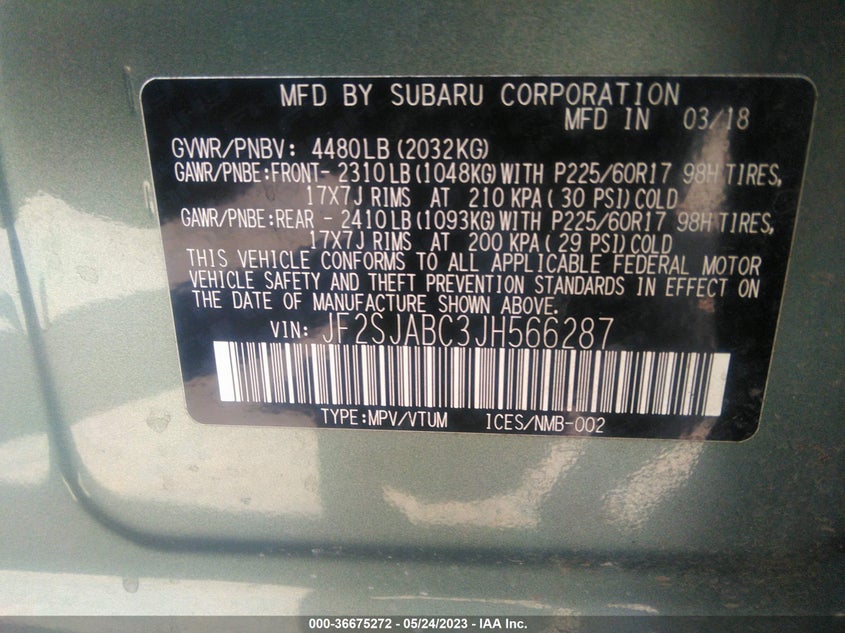 VIN JF2SJABC3JH566287 2018 SUBARU FORESTER