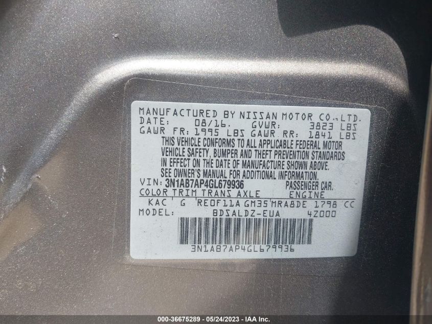 2016 NISSAN SENTRA SV - 3N1AB7AP4GL679936