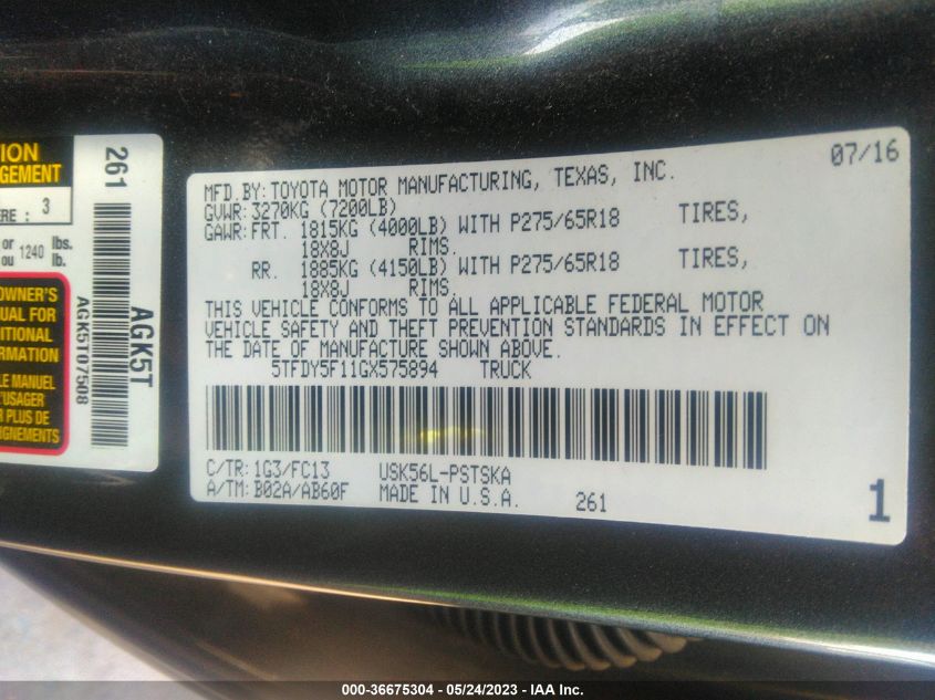 2016 TOYOTA TUNDRA 4WD TRUCK SR5/TRD PRO - 5TFDY5F11GX575894