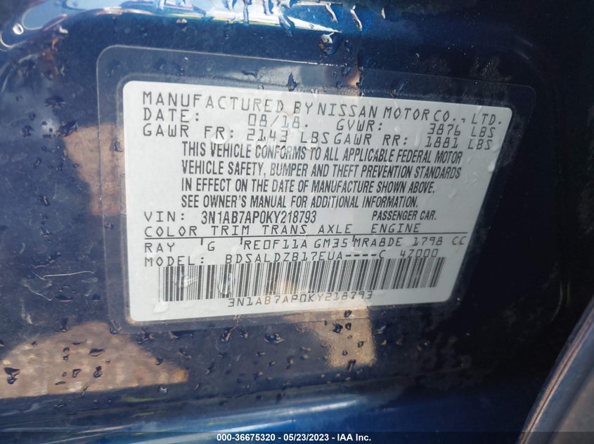 VIN 3N1AB7AP0KY218793 2019 NISSAN SENTRA SV