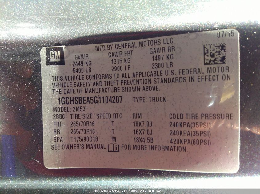 2016 CHEVROLET COLORADO 2WD WT - 1GCHSBEA5G1104207