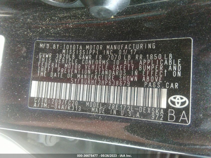 2017 TOYOTA COROLLA L/LE/XLE/SE - 5YFBURHE3HP638679