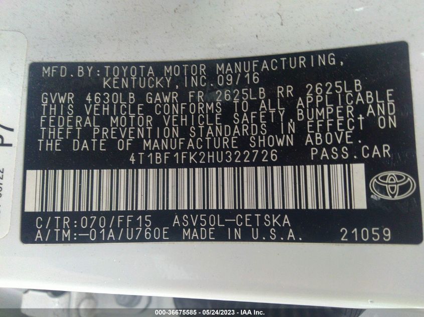 2017 TOYOTA CAMRY XLE/SE/LE/XSE - 4T1BF1FK2HU322726