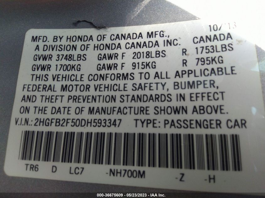 2013 HONDA CIVIC SDN LX - 2HGFB2F50DH593347