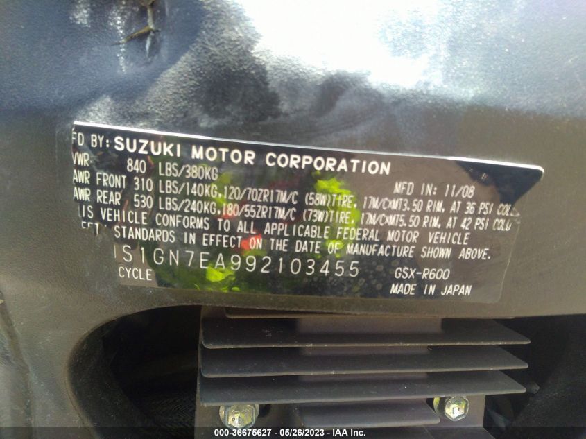 2009 SUZUKI GSX-R600 - JS1GN7EA992103455