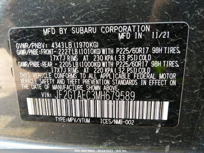 2021 SUBARU CROSSTREK PREMIUM - JF2GTAEC3MH679589
