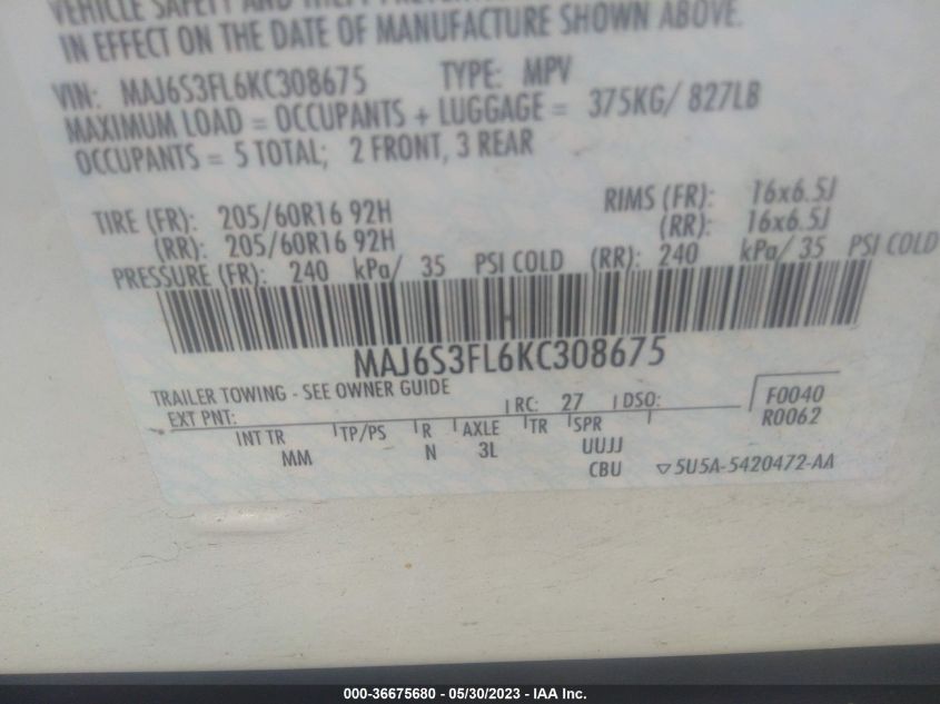 2019 FORD ECOSPORT S - MAJ6S3FL6KC308675