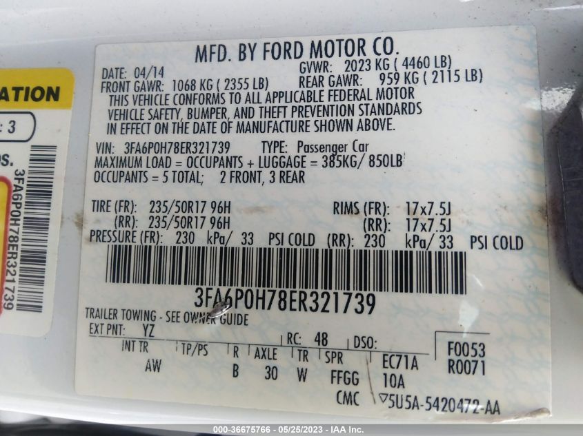 2014 FORD FUSION SE - 3FA6P0H78ER321739