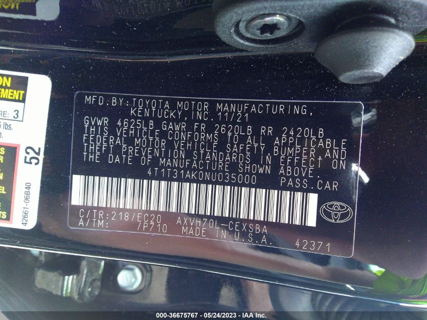 2022 TOYOTA CAMRY HYBRID - 4T1T31AK0NU035000