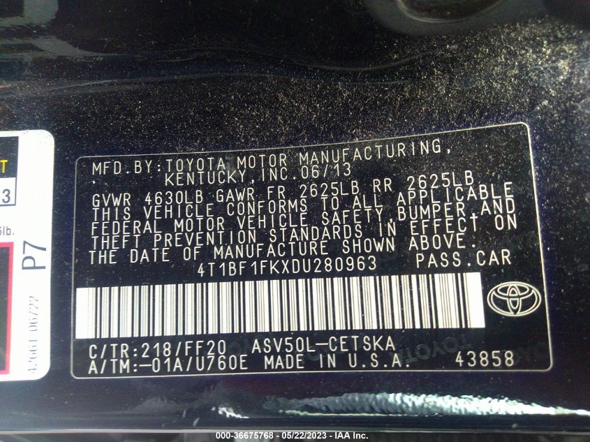 2013 TOYOTA CAMRY L/LE/SE/XLE - 4T1BF1FKXDU280963