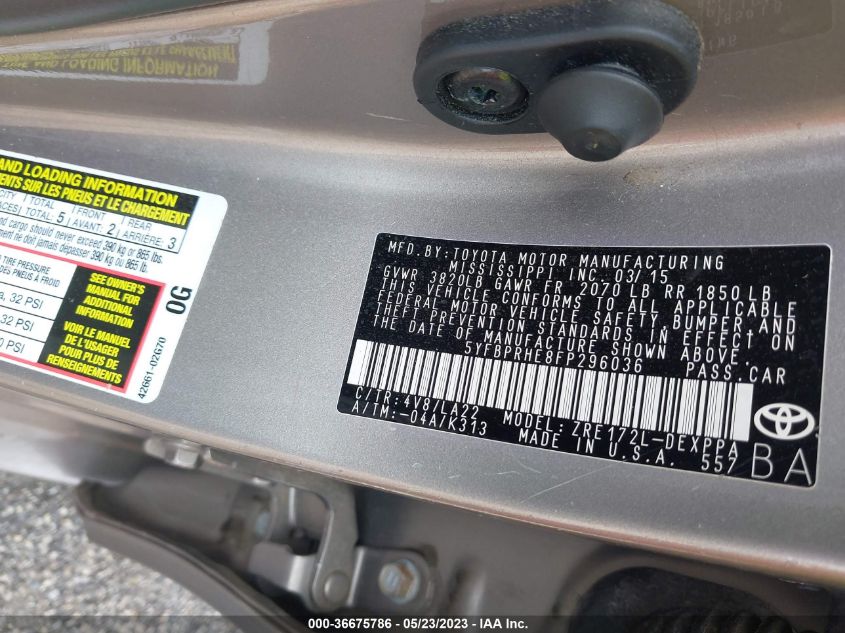 2015 TOYOTA COROLLA LE ECO - 5YFBPRHE8FP296036