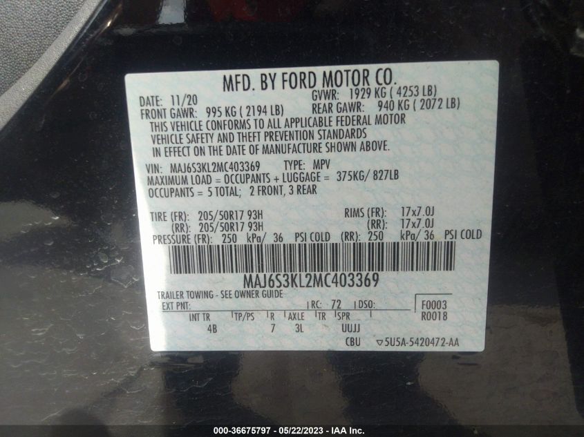 2021 FORD ECOSPORT TITANIUM - MAJ6S3KL2MC403369