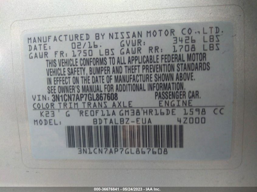 2016 NISSAN VERSA S/S PLUS/SL/SV - 3N1CN7AP7GL867608