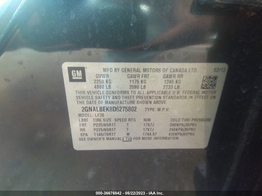 2013 CHEVROLET EQUINOX LS - 2GNALBEK8D6275802