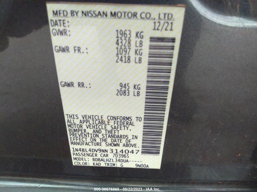 2022 NISSAN ALTIMA 2.5 SV - 1N4BL4DV9NN314047