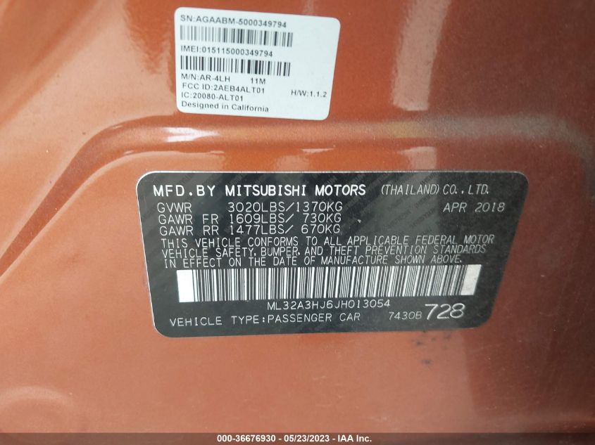 2018 MITSUBISHI MIRAGE ES - ML32A3HJ6JH013054