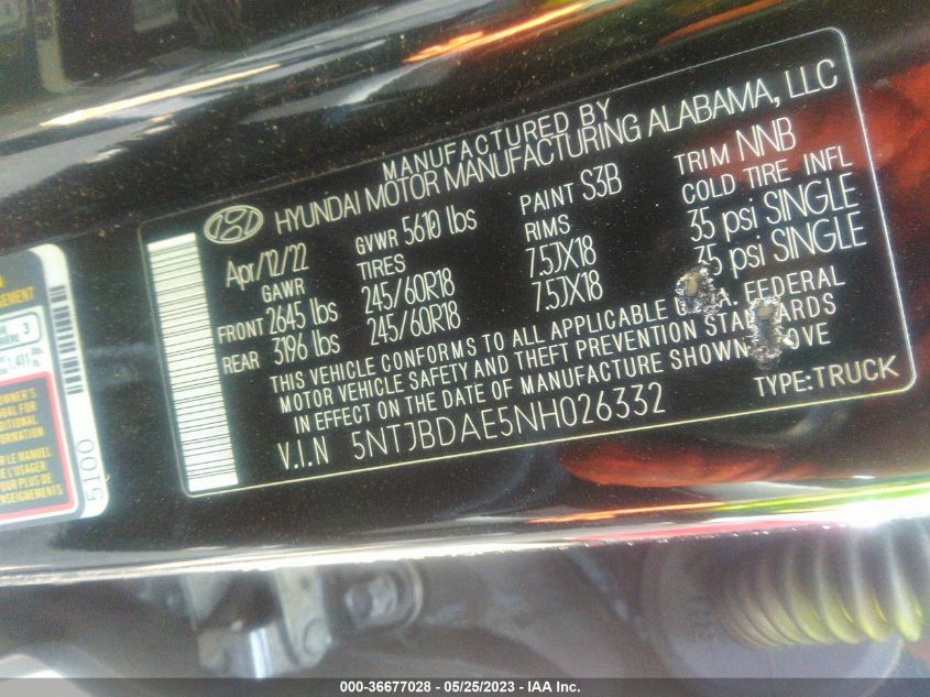 2022 HYUNDAI SANTA CRUZ SEL - 5NTJBDAE5NH026332