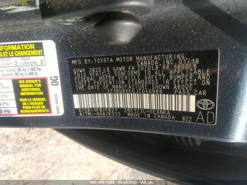 2018 TOYOTA COROLLA L/LE/XLE/SE/XSE - 2T1BURHE6JC046988