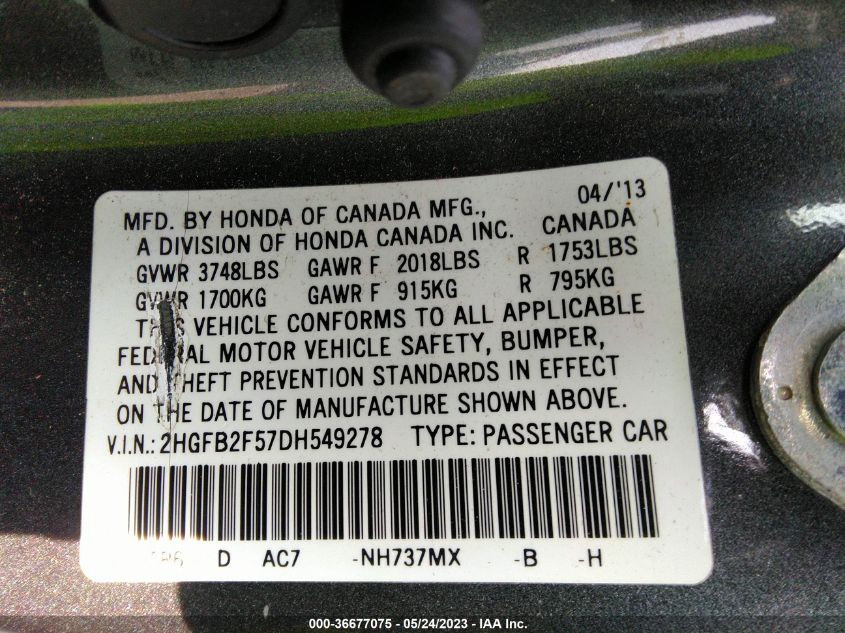 2013 HONDA CIVIC LX - 2HGFB2F57DH549278