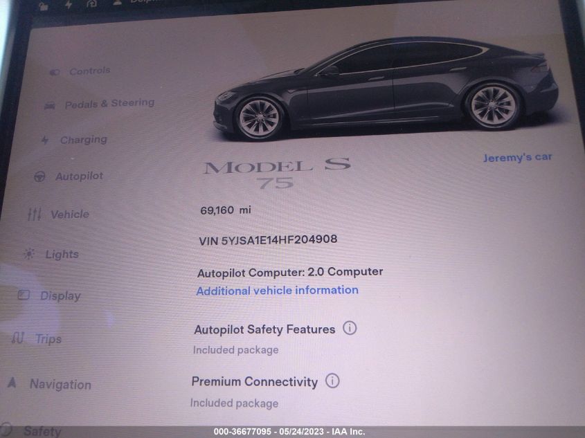 2017 TESLA MODEL S 60/75 - 5YJSA1E14HF204908