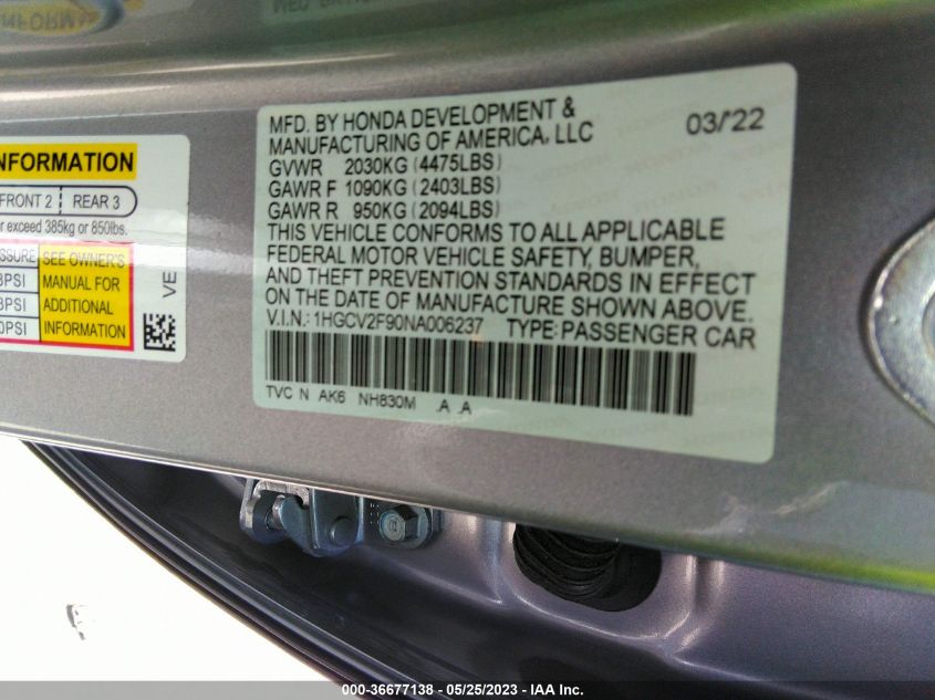 2022 HONDA ACCORD SEDAN TOURING - 1HGCV2F90NA006237