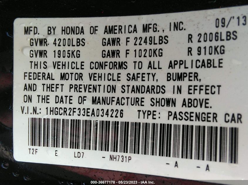 2014 HONDA ACCORD SEDAN LX - 1HGCR2F33EA034226