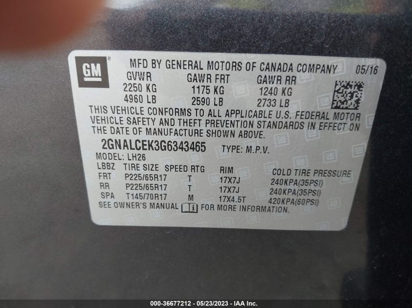 2016 CHEVROLET EQUINOX LT - 2GNALCEK3G6343465