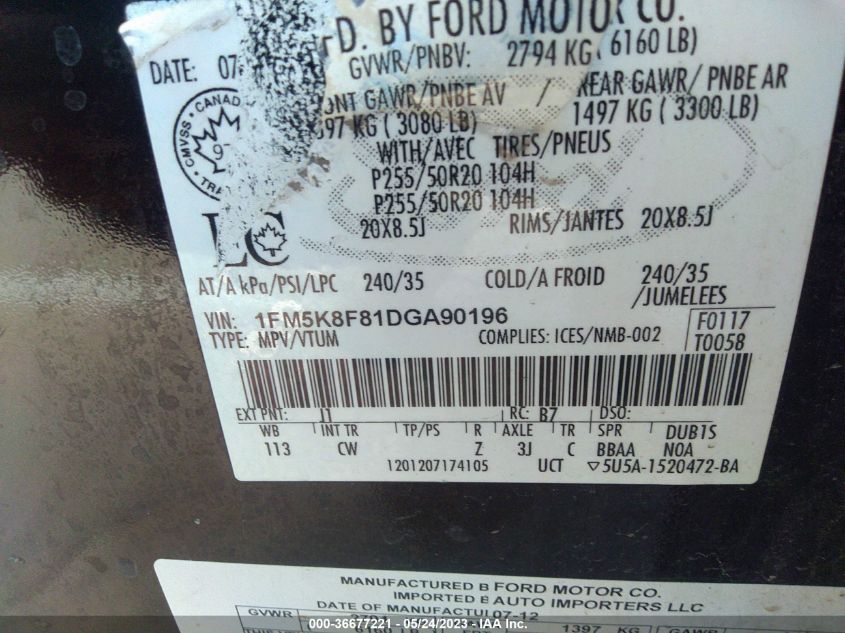 2013 FORD EXPLORER LIMITED - 1FM5K8F81DGA90196
