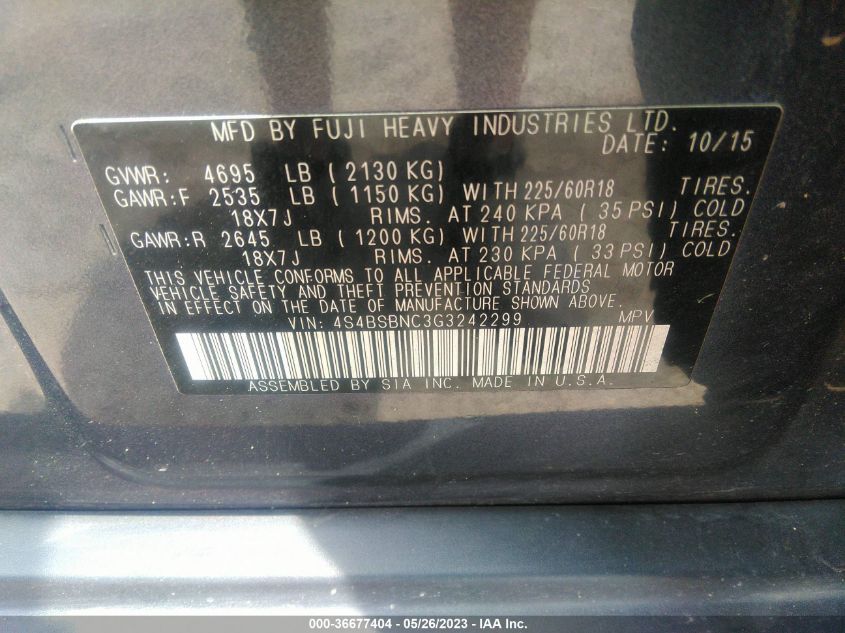 2016 SUBARU OUTBACK 2.5I LIMITED - 4S4BSBNC3G3242299
