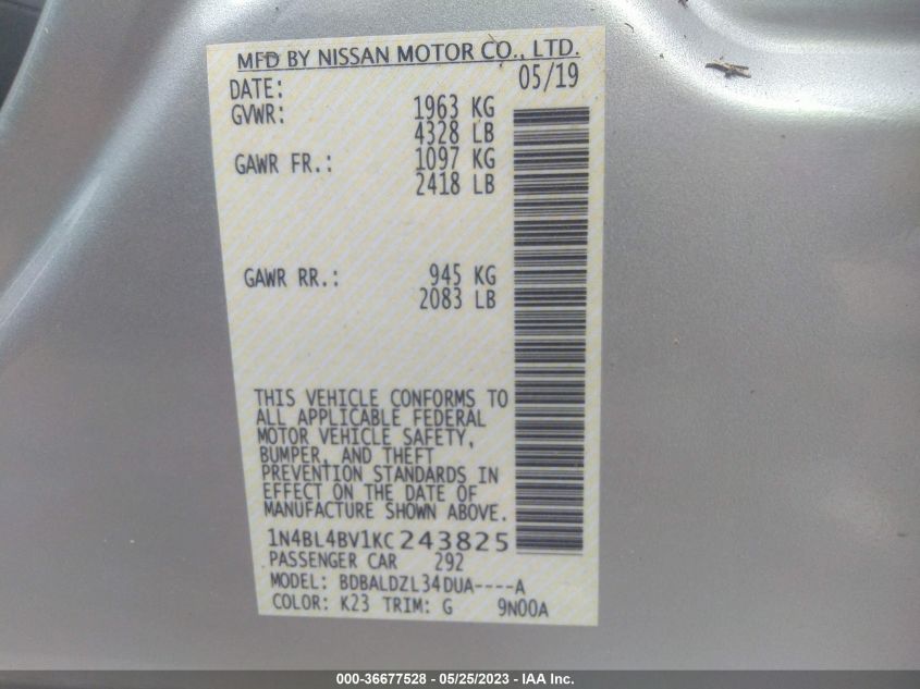 2019 NISSAN ALTIMA 2.5 S - 1N4BL4BV1KC243825
